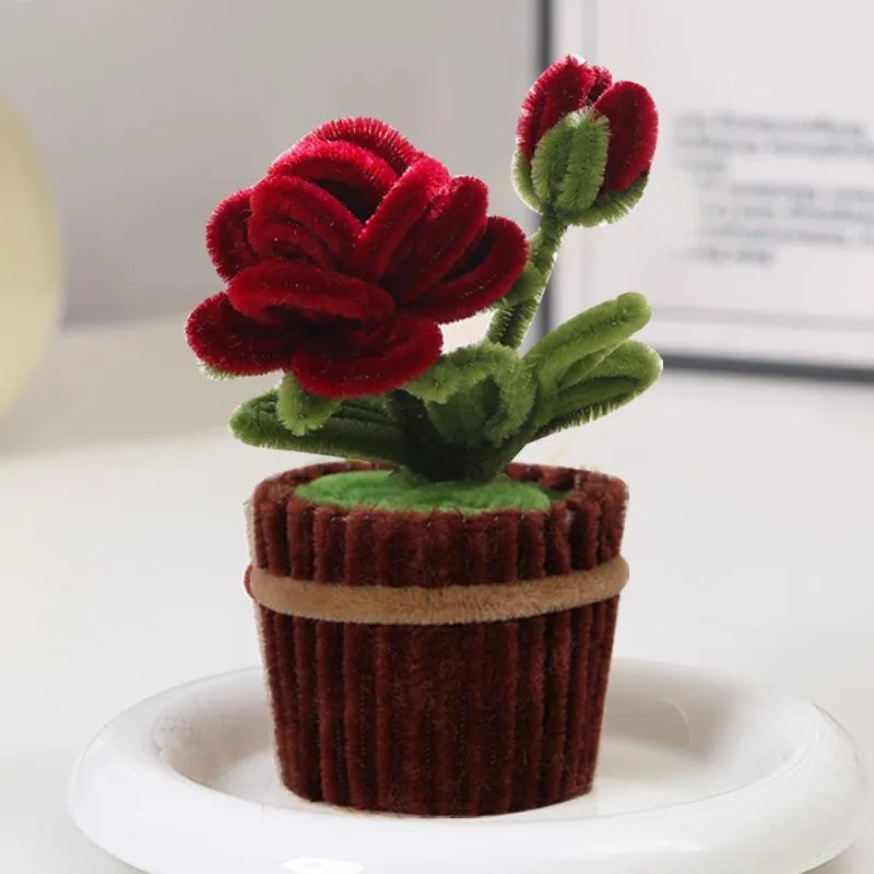 Handmade Red Rose Potted Plant - Pipe Cleaner Desk Decor