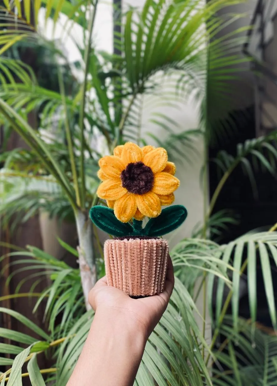 Handmade Yellow Sunflower Potted Plant - Pipe Cleaner Home Decor