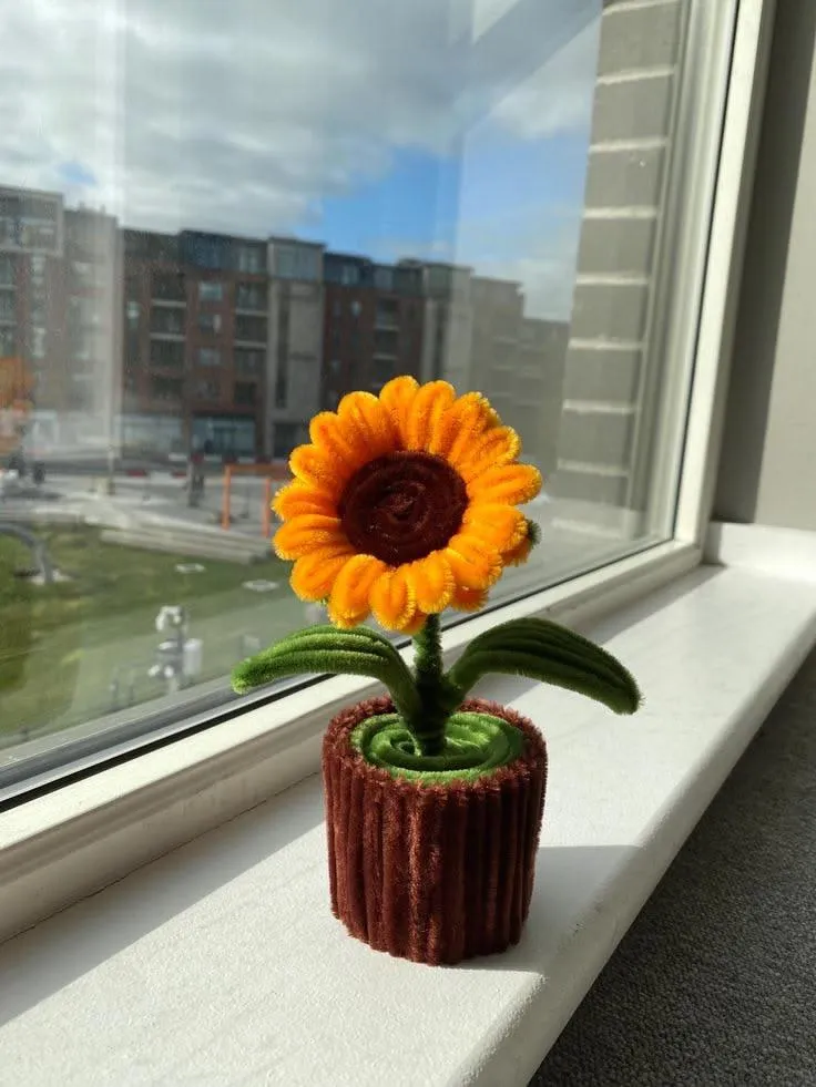 Handmade Yellow Sunflower Potted Plant - Dark Brown Pot