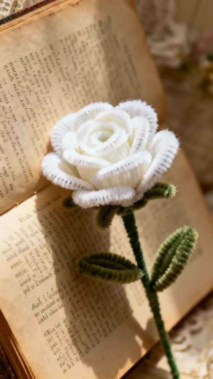 Handmade White Rose Single Stem - Pipe Cleaner Flower