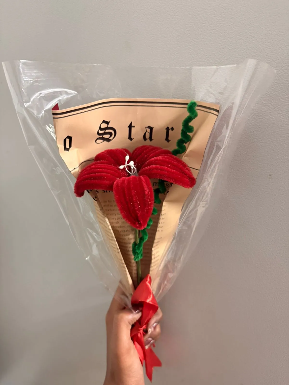 Handmade Red Lily Newspaper Bouquet - Pipe Cleaner Flower