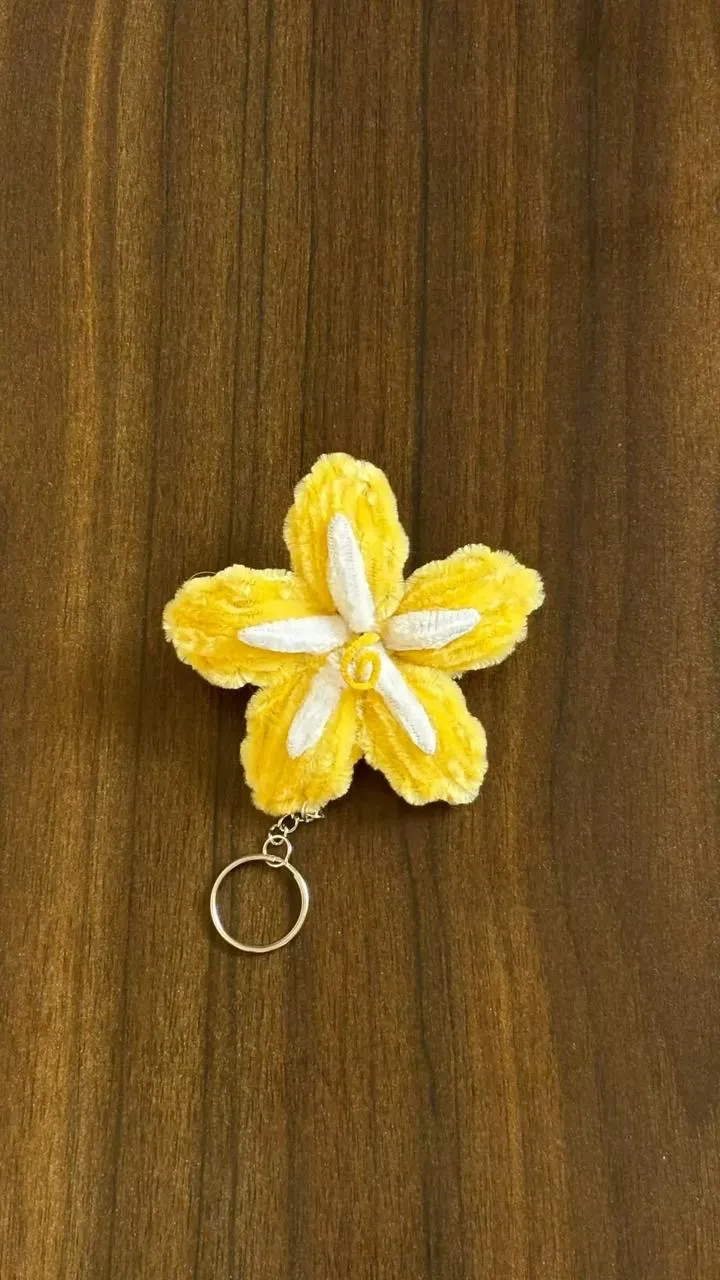 Handmade Yellow Plumeria Flower Keychain - Pipe Cleaner