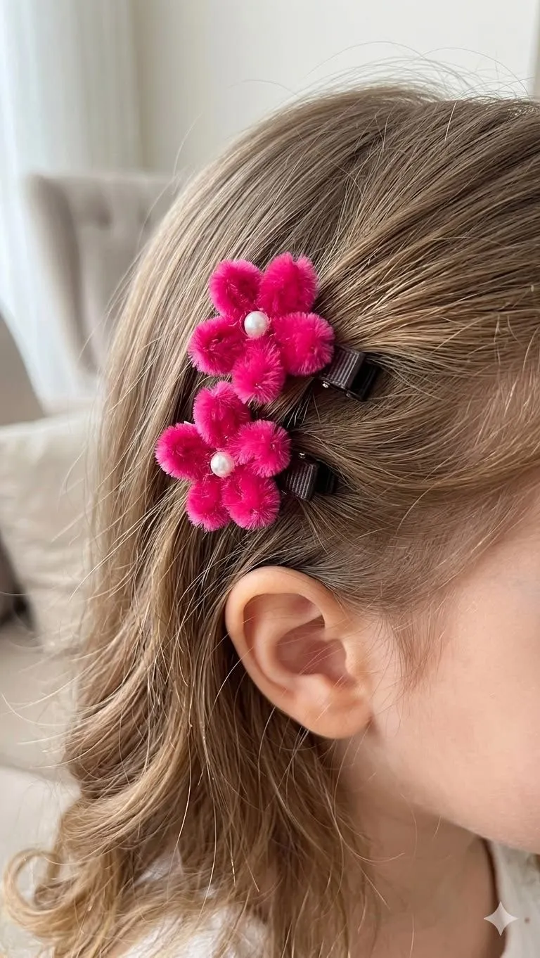 Handmade Pink Flower Hair Clips Set of 2 - Pipe Cleaner with Pearl