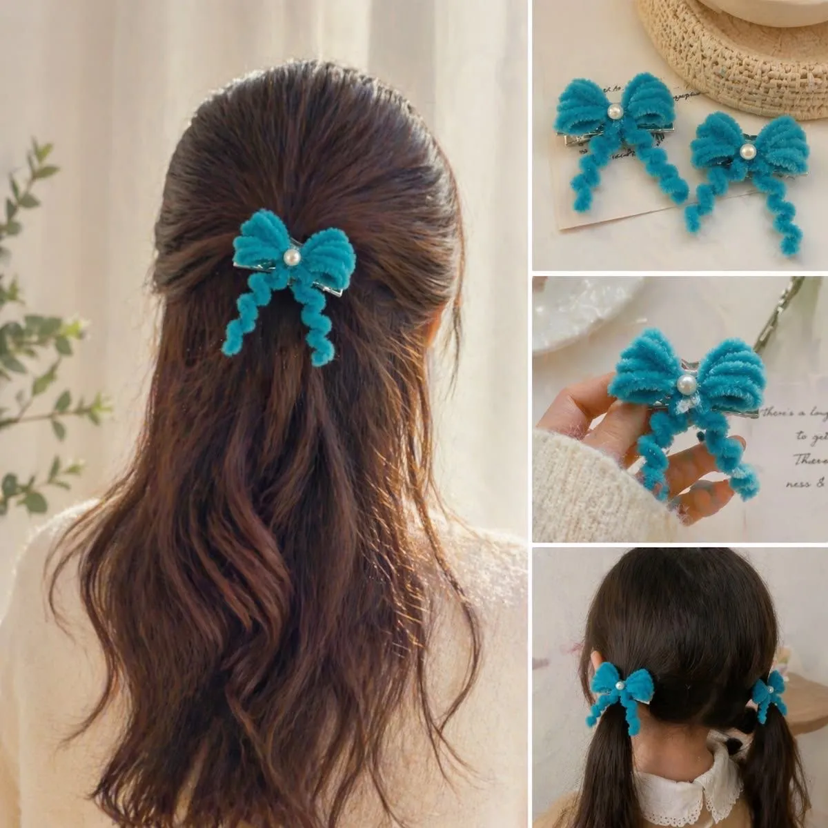 Handmade Teal Bow Hair Clip with Pearl - Pipe Cleaner