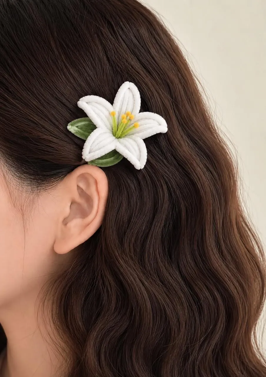 Handmade White Lily Hair Clip - Pipe Cleaner Flower