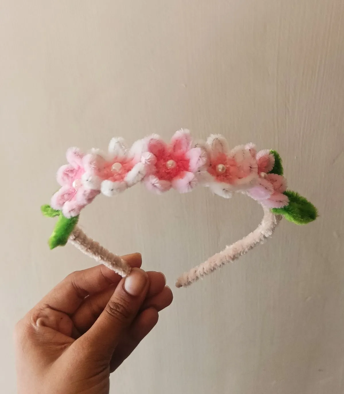 Handmade Pink Flower Headband with Pearls - Pipe Cleaner