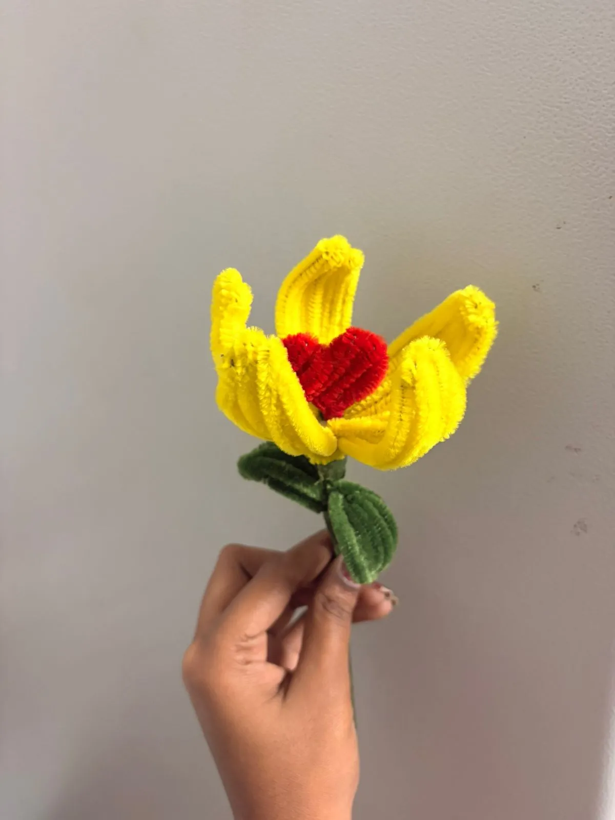 Handmade Yellow Tulip with Red Heart - Pipe Cleaner Flower