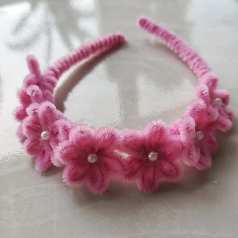 Handmade Pink Flower Headband with Pearls - Pipe Cleaner