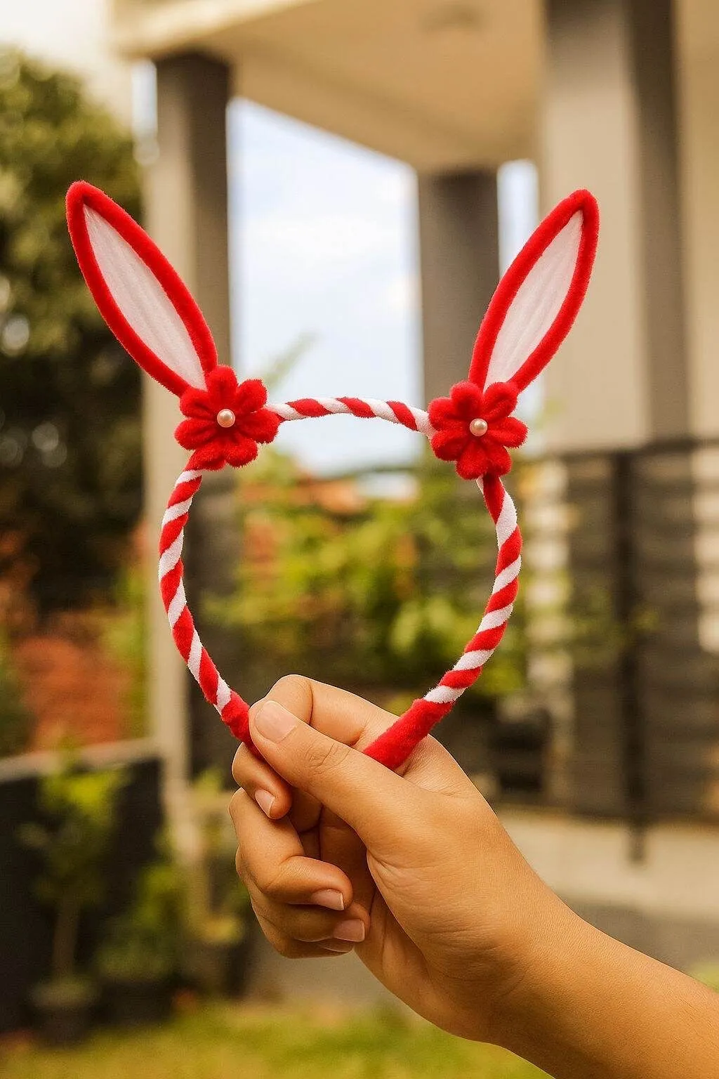 Handmade Red Bunny Ear Headband with Flowers - Pipe Cleaner