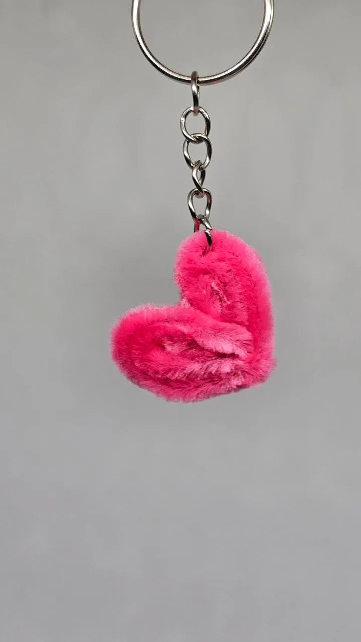 Handmade Fluffy Heart Keychain - Hot Pink