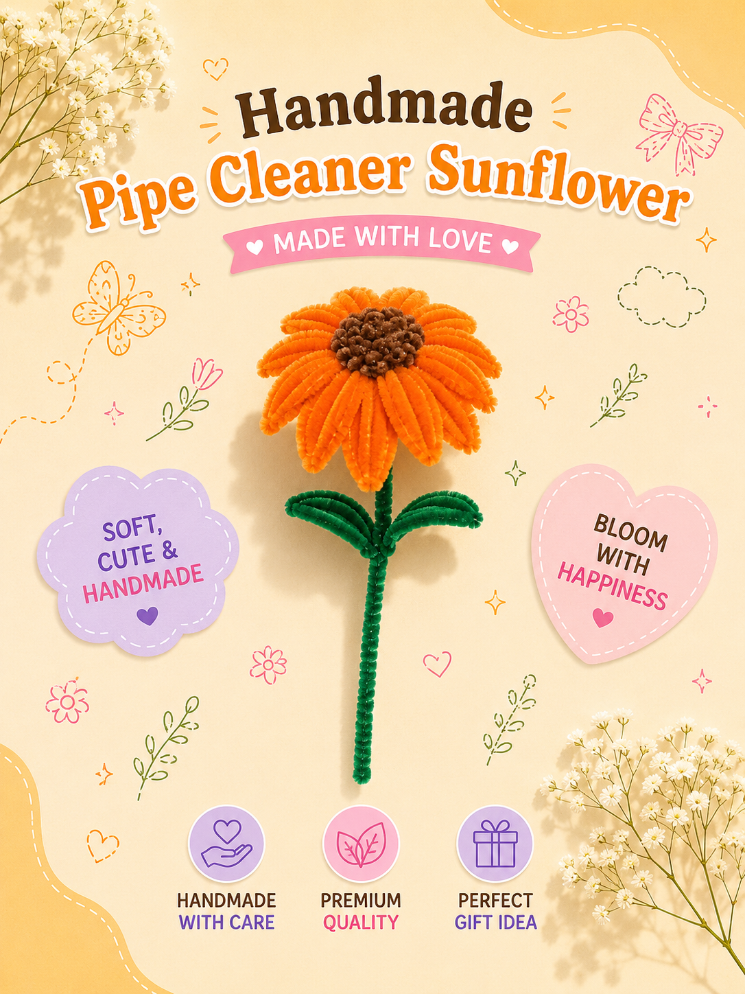Handmade Yellow Sunflower Single Stem - Pipe Cleaner Flower