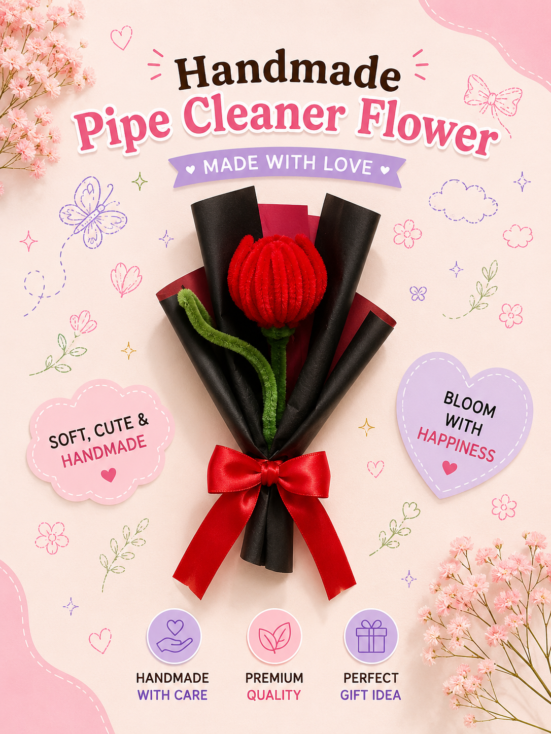 Handmade Red Rose Bouquet - Pipe Cleaner Flower Gift